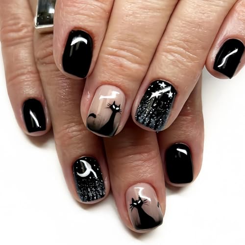 Halloween Press on Nails with Dark Night Moon Stars Design Short Square False Nails Cute Cat Fake Nails Silver Glitter Full Cover Acrylic Stick on for Women Nails Manicure Decoration 24Pcs - color: Halloween Style 016