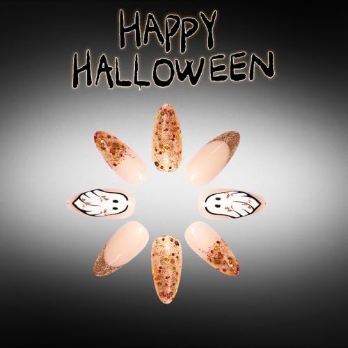 Halloween Press On Nails, Almond Ghost Gold Foil Design, Nude Brown - color: style 10