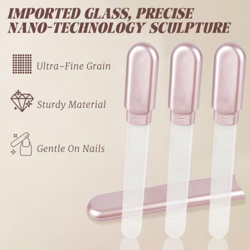 LNAUJS Glass Nail File 3 Pack, Etched Fingernail File with Rose Gold Storage Case