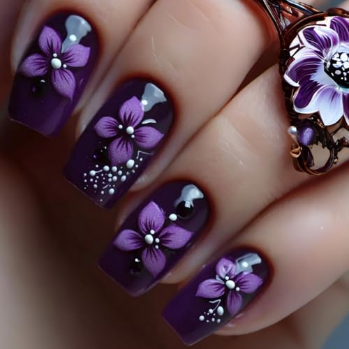 24pcs Purple Press on Nails Medium Length Square Fake Nails Spring Stick on Nail with Floral designs Acrylic False Nails Full Cover Reusable Summer Glue on Nails for Women Finger Manicure - color: s25