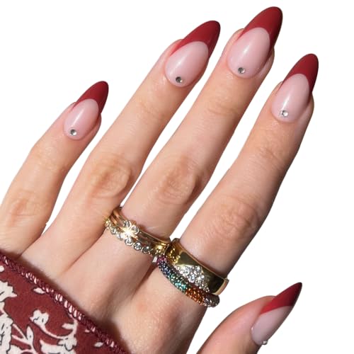PaintLab 3D Gem Red French Tip Press On Nails, Medium Almond, 30pc Nail Kit - color: Pinot Noir