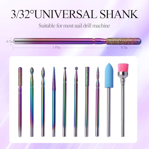 Rainbow Diamond Cuticle Bit Set for Nail Drill - 10Pcs 3/32" Nail Prep Bits with Flame Ball Needle Bit, Safety Silicone Buffer & Cleaning Brush for Beginner - color: Rainbow