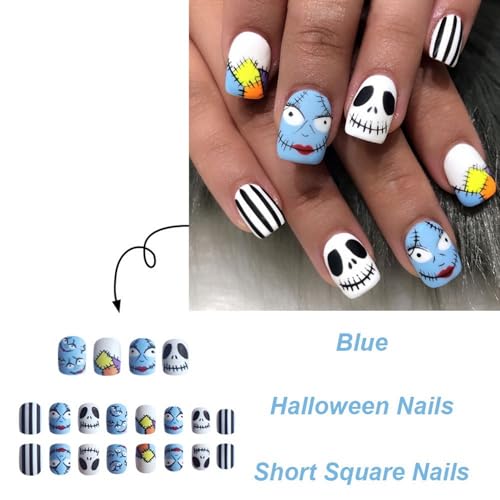 Halloween Press on Nails Short Square Fake Nails Skull False Nails Designs Blue White Glossy Acrylic Nail Tips Stripe Full Cover Glue on Nails DIY Halloween Nails for Woman Nail Art Manicure 24 Pcs - color: Style 14