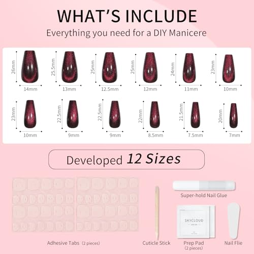 Cat Eyes Press On Nails,12 Sizes - 24 Pcs Soft Gel Dark Purple Red Medium Coffin Fake Nails Kit with Nail Glue, Natural Reusable Stick On False Nails for Women and Girls (Skycloud Nails) SK0822 - color: 822-Dark Purple Red