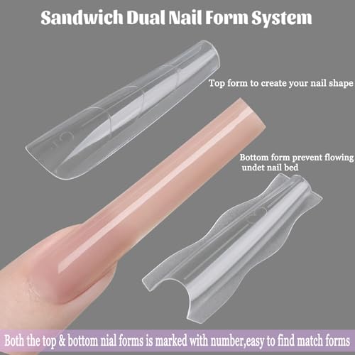Fcozpjk Builder Gel Nail Kit, 2PCS 15ML Clear Nude Pink Hard Gels with 180PCS Coffin Sandwich Dual Nail Forms Brush Pen Files Nails Extension Tool Set Construction Strengthener Manicure Supplies