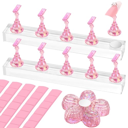 Nail Stand for Press Ons Magnetic Nail Tips Nail Holder for Painting Nails Fake Nail False Nail Design with Reusable Adhesive Putty Practice Nail Art Tools for Home Salon DIY Beginner Supplies - color: A-Flower