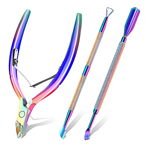 Cuticle Trimmer with Cuticle Pusher and Scissors, Cuticle Remover Professional Durable Pedicure Manicure Tools, Stainless Steel Cuticle Nipper Cutter Clipper for Fingernails and Toenails (Colored) - color: Colored