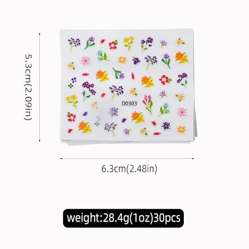 30 Sheets Flower Nail Stickers for Nail Art, 3D Self-Adhesive Nail Decals - color: Different Flower