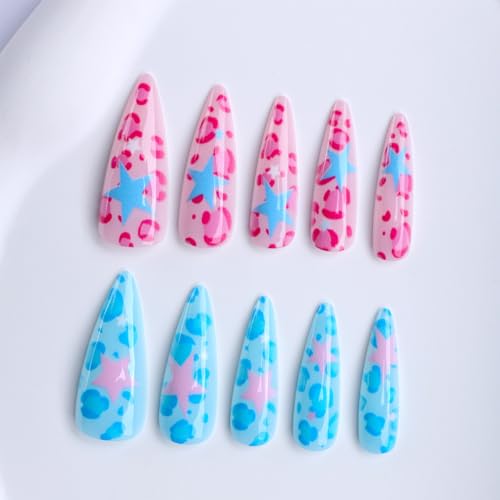 Long Stiletto Press on Nails - Blue & Pink Leopard with Star Contrast Design, Full Cover Glossy Fake Nails 24PCS for Women - color: Style-18