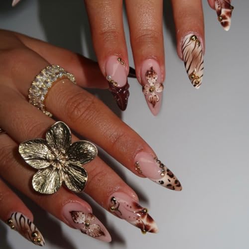 Fall Medium Almond Press on Nails - Brown French Tip - color: D-59