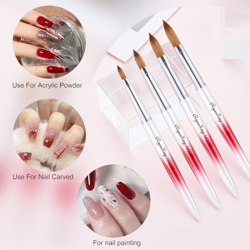 6PCS Acrylic Nail Brush Set, Kolinsky Hair, Oval Crimped Pressed Shaped, Red Metal Handle, Professional Manicure for DIY Home Salon - Sizes 4/8/10/12/14/16 - color: A+6pcs Gradient Red Silver, size: 6PCS