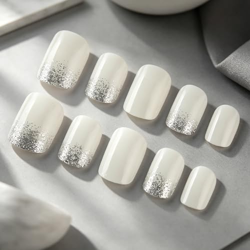 Short Press On Nails Square Fake Nails With Silver Glitter Design Acrylic Glue On Nails Glossy Cream White False Nails Press Ons Reusable Stick On Nails For Women - color: short square nails-5