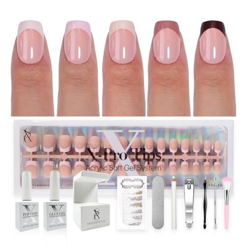 SXC Cosmetics French Tip Press On Nails - Skin Tone Nude and Color Series, XS Square X-Pro Tips Starter Kit ST113KIT - color: Skin Tone - XS Square