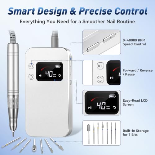 Professional Nail Drill, 40000RPM Brushless Cordless Electric Nail File