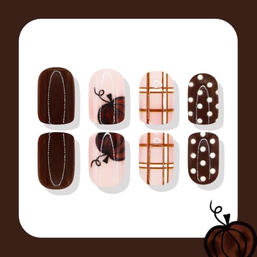 24Pcs Brown Fall Press on Nails Short Square Fake Nails with Plaid Polka Dots Designs Thanksgiving False Nails Pumpkin Glue on Nails Autumn Glossy Full Cover Stick on Nails for Women - color: Fall14