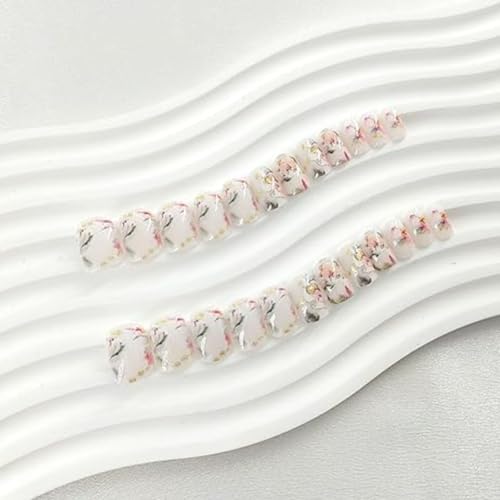 Spring Press on Nails Short Square Fake Nails with Glitter Flower Designs Glossy Nails Press ons White Glue on Nails Artificial Acrylic Summer Stick on Nails for Women 24Pcs - color: 20