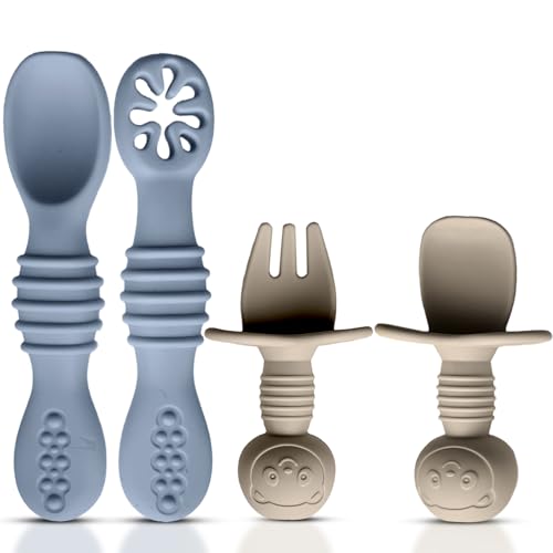 HippoBaby 4pc Silicone Baby Spoons Self Feeding Baby Utensils 6-12 Months - 3 Baby Spoon - 1 Baby Fork - Toddler Cutlery Set - BPA Free, Dishwasher Safe - Baby Eating Essentials (Gray/Beige) - color: Cloud/Khaki