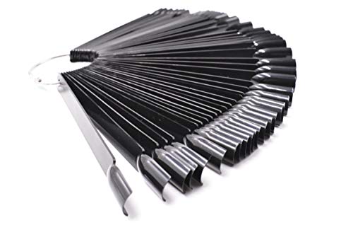 2 Sets 100 Tips Fan Shape Plastic Nail Art Tips Display Polish Board Display Practice Sticks with Metal Split Ring Holder (Black) - color: Black
