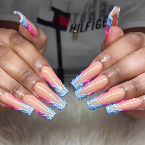 RUOKEXIN French Tip Press on Nails Square Fake Nails Blue Pink Ombre False Nails with 3D Designs Long Nail Press ons Sparkly Artificial Nails Cute Stick on Nails for Women 24Pcs - color: Long Style-C7C22