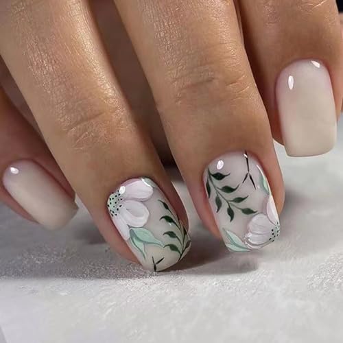 RTKHFZE Press on Nails Medium Square Fake Nails with Flower Leaf Designs White Acrylic Nails Green Full Cover Glue on Nails Glossy Artificial Nails Summer Stick on Nail for Women 24Pcs - color: JB241