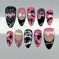 Halloween Press on Nails 30Pcs Pink Black Ghost Bat Spider Web - color: Pink Black Halloween