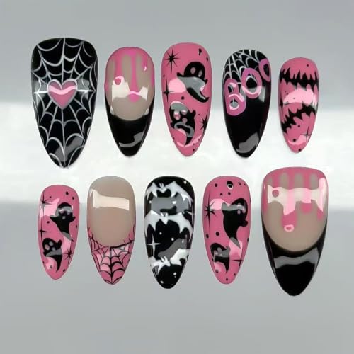 Halloween Press on Nails 30Pcs Pink Black Ghost Bat Spider Web - color: Pink Black Halloween