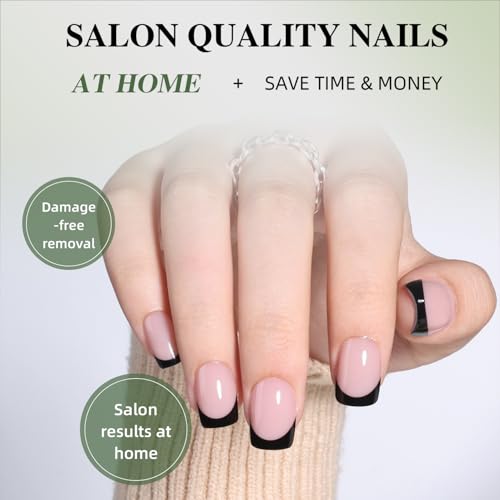 Black French Tip Press On Nails - Black Short Square Fake Nails - color: 7C - Bare Eclipse