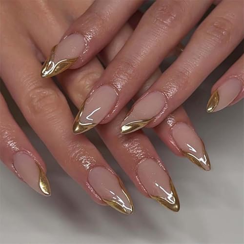 Gold Press on Nails - Medium Almond Fake Nails - color: Color-22