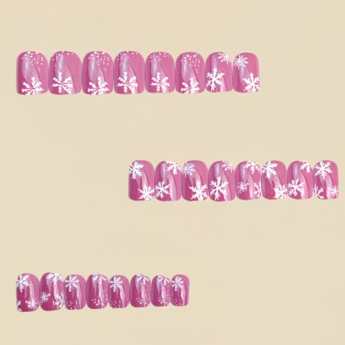 Winter Press on Nails Short Square Fake Nails Snowflake Cat Eye for 24Pcs - color: 26