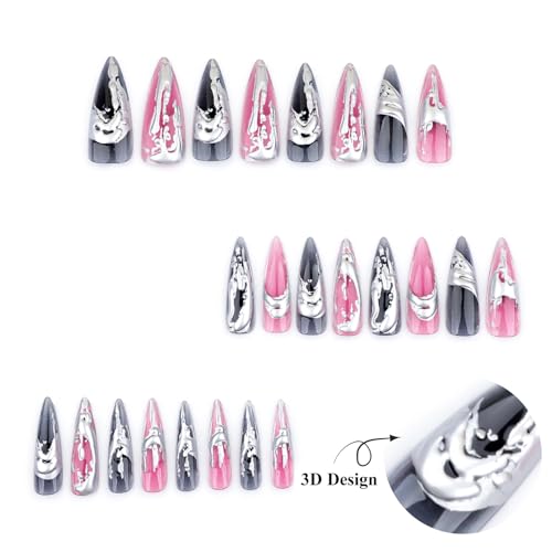 MISUD Press on Nails - Long Stiletto Glue on Nails with Goth Pink Black, Acrylic 3D Silver Chrome Design 24 pcs - color: 06121-03Pink&Black