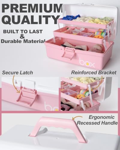 TERGOO 13in Lager Plastic Craft Organizer and Storage 3-Layer Tackle Box - color: White Pink