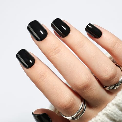 Black Press On Nails Square - Goth Short Square Fake Nails - color: 6C - Pure Black