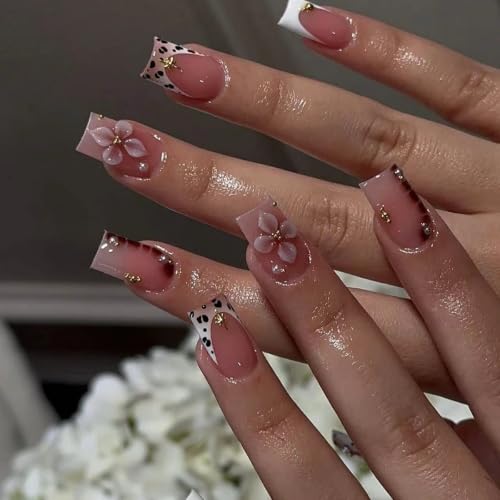 Medium Square Press on Nails French Tip Fake Nails with Leopard Print 24Pcs - color: Style-29