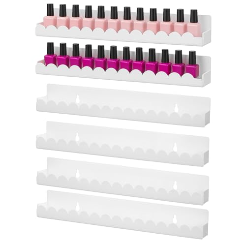 AceOrbit 6 Pack Wall Mounted Acrylic Nail Polish Display Rack, 15 Inch Scalloped Cosmetic Organizer Shelves with Anti-Slip Sides for Nail Polish, Holds 60–90 Bottles, White