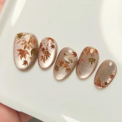 Fall Maple Leaf Press On Nails Short Oval Cat Eye Fake Nails Reusable Autumn Glue On Nails with Glitter Design Acrylic False Nails Fall Leaf Stick On Nails for Women Thanksgiving Manicure 24Pcs - color: special Fall-20