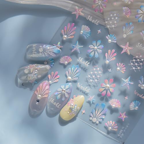 1 Sheet Summer Ocean Nail Sticker 5D Self Adhesive Starfish Nail Decals with Pearl Crystal Diamond Design Shiny Seashell Nail Art Stickers Mermaid Nails Supplies for Women Manicure Decoration DIY - color: Mermaid