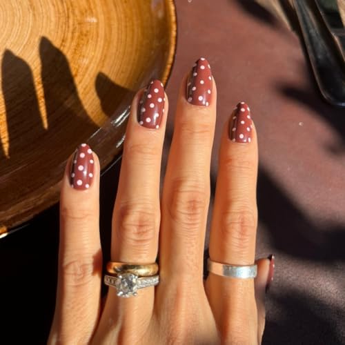 LAMIMOSA 32Pcs Brown–Red Polka Dot Press On Nails Short Almond. DOT DOT DOT - color: Dot Dot Dot