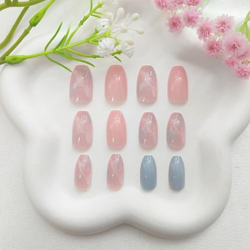 Coffin Press on Nails Short Fake Nails with Marble Designs Acrylic Nails Press ons Glossy Glue on Nails Light Blue Full Cover Artificial Stick on Nails for Women 24Pcs - color: Marble Designs
