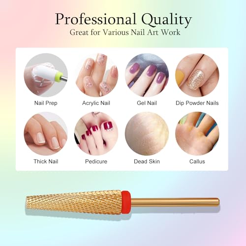 Super Long 5 in 1 Nail Drill Bits, Professional 3/32'' Carbide Tungsten Two Way Rotary Advanced Safety Bits, Fast Remove for Manicure Pedicure Cuticle Acrylic Nails (Gold, Fine-F) - color: Gold, size: Fine-F