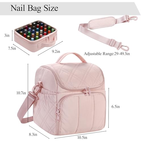 FCQQYWZ Nail Polish Organizer with 2 Detachable Cases Hold 60 Bottles & Nail Lamp, Portable Nail Organizers and Storage with Handle & Shoulder Strap, Travel Nail Bag for Manicure Tools - color: 60-Bottles-Pink