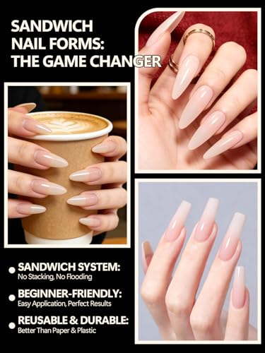 EBANKU Poly Nail Gel Sandwich Nail Form 240 Pcs Reusable Top & Bottom - color: Long Coffin & Almond