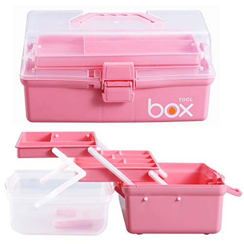 Kinsorcai 2PCS 12'' Three-Layer Clear Plastic Storage Box/Tool Box, Multipurpose Organizer and Portable Handled Storage Case for Art Craft and Cosmetic (Pink) - color: pink, size: 2PCS