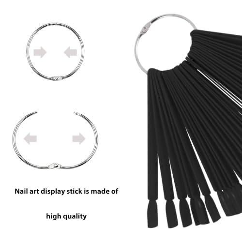 100Pcs Nail Swatch Sticks with Ring, Fan Shape Nail Art Polish Display Tips, False Nail Black Color Display Nail Practice