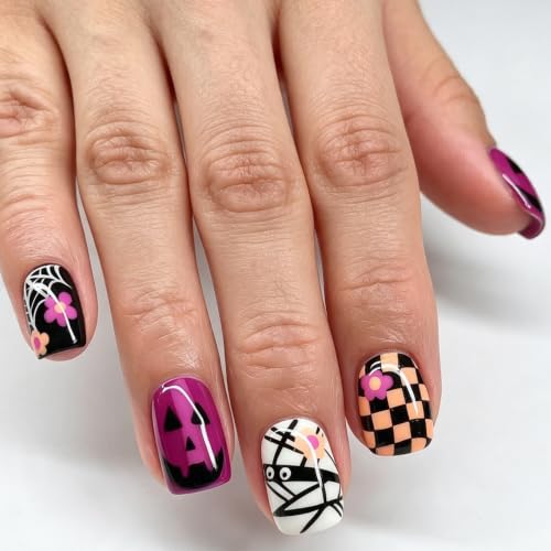 24Pcs Orange Black Checkered Mummy Halloween Press on Nails Short Square Fake Nails Purple Halloween Full Cover Glossy Reusable Glue on Nails Pumpkin Flower Spider Web Stick on Nails for Women - color: Bandage Ghost Style
