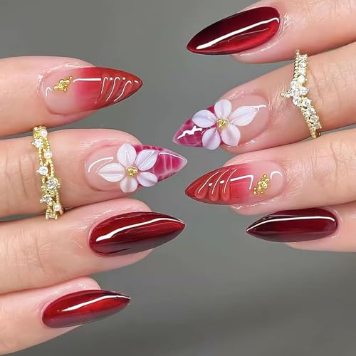 RUOKEXIN Almond Press on Nails French Tip Fake Nails Orange Ombre False Nails with 3D Flower Designs Medium Nail Press ons Sparkly Artificial Nails for Women 24Pcs - color: Almond Style 11-15