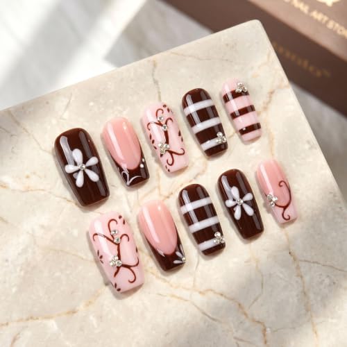 Handmade Press on Nails,Medium Coffin Flower Striped Fake Nails - color: style13