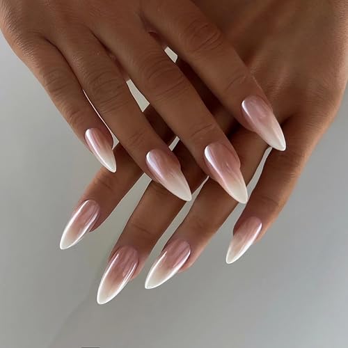 Qsnidy Pearlescent Press on Nails - Glazed Ombre Nude, Medium Almond - color: Glazed Ombre Nude