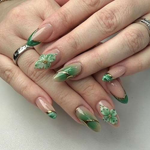 Green French Press On Nails Medium Almond Fake Nails Floral False Nails With Glod Curve Desigh Reusable Acrylic Nail Press Ons Full Cover Glossy Glue On Nails For Women Manicure 24Pcs - color: Design-22