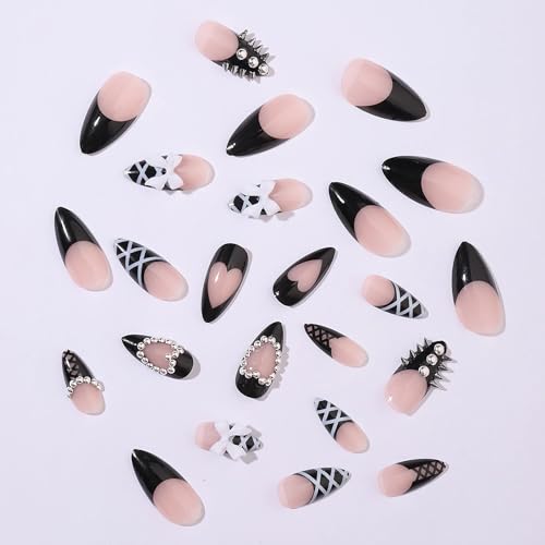 MISUD Press on Nails - Medium Stiletto Glue on Nails with Goth Black, Acrylic Gothic Y2K Design 24 pcs - color: 11211Black