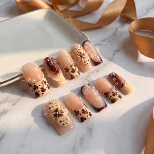 Medium Square Press on Nails,3D Flower Handmade French Fake Nails - color: style12
